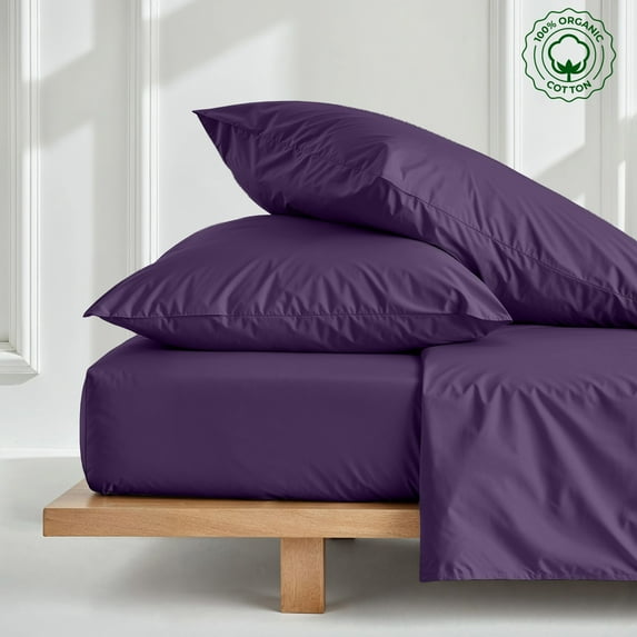 Queen 3-PC (1 Fitted + 2 Pillowcases) Pure Organic Bed Sheet Set 800-Thread Count, 10" Deep Pockets - Plum