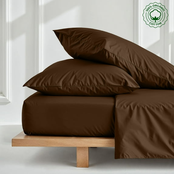 Queen 3-PC (1 Fitted + 2 Pillowcases) Pure Organic Bed Sheet Set 800-Thread Count, 30" Deep Pockets - Chocolate
