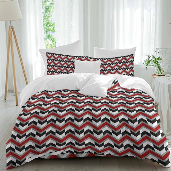 Queen 4 Piece Bedding Set Abstract Art Zig Zag Burgundy Red Striped Soft Breathable Duvet Cover and Pillowcase, Geometric Art Duvet Cover Set Bed Sheets for Bedroom Dormitory Guest Room