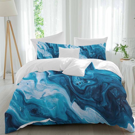 Queen 4 Piece Bedding Set Abstract Blue Ocean Flowing Soft Breathable Duvet Cover and Pillowcase, Sea Waves Art Duvet Cover Set Bed Sheets for Bedroom Dormitory Guest Room