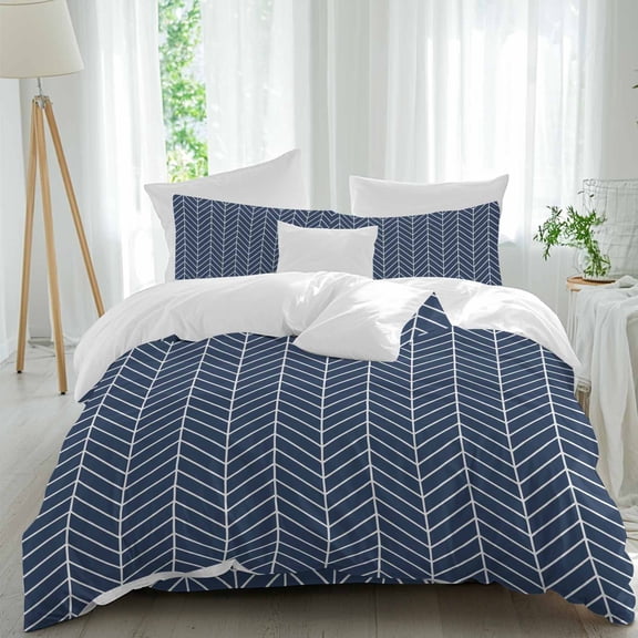 Queen 4 Piece Bedding Set Abstract Blue White Chevron Texture Soft Breathable Duvet Cover and Pillowcase,Geometric Herringbone Duvet Cover Set Washable Bed Sheets for Bedroom Dormitory Guest Room