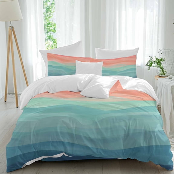 Queen 4 Piece Bedding Set Abstract Boho Teal Sea Waves Soft Breathable Duvet Cover and Pillowcase, Orange Sun Coastal Dusk Duvet Cover Set Bed Sheets for Bedroom Dormitory Guest Room