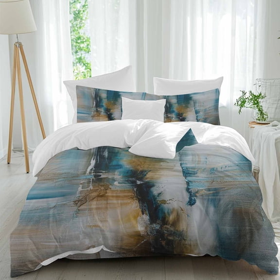 Queen 4 Piece Bedding Set Abstract Colorful Gradient Soft Breathable Duvet Cover and Pillowcase,Modern Blue Brown Paint Texture Duvet Cover Set Washable Bed Sheets for Bedroom Dormitory Guest Room