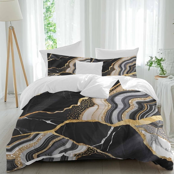 Queen 4 Piece Bedding Set Abstract Flowing Marble Fluid Art Soft Breathable Duvet Cover and Pillowcase,Black and Gold Lines Duvet Cover Set Washable Bed Sheets for Bedroom Dormitory Guest Room