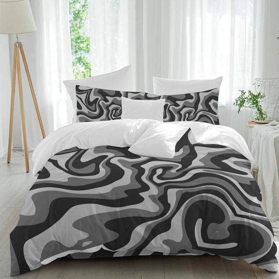 Queen 4 Piece Bedding Set Abstract Fluid Black Grey Stripe Soft Breathable Duvet Cover and Pillowcase,Modern Marble Line Duvet Cover Set Washable Bed Sheets for Bedroom Dormitory Guest Room