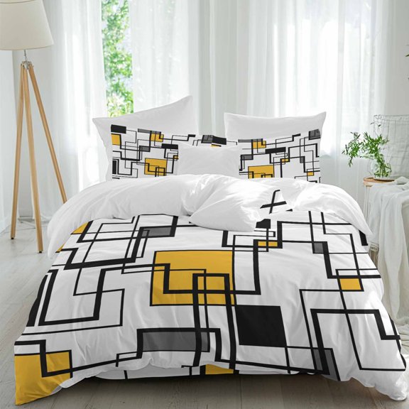 Queen 4 Piece Bedding Set Abstract Geometric Line Soft Breathable Duvet Cover and Pillowcase,Classic Yellow Black Check Duvet Cover Set Washable Bed Sheets for Bedroom Dormitory Guest Room
