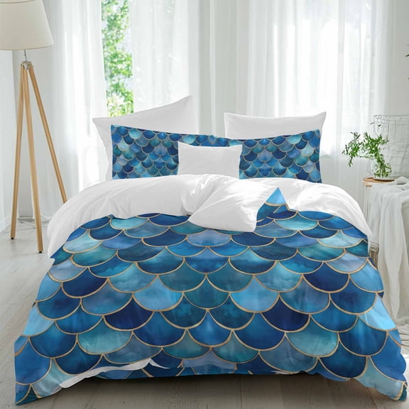 Queen 4 Piece Bedding Set Abstract Geometric Patchwork Soft Breathable Duvet Cover and Pillowcase,Retro Blue Gradient Pattern Duvet Cover Set Washable Bed Sheets for Bedroom Dormitory Guest Room