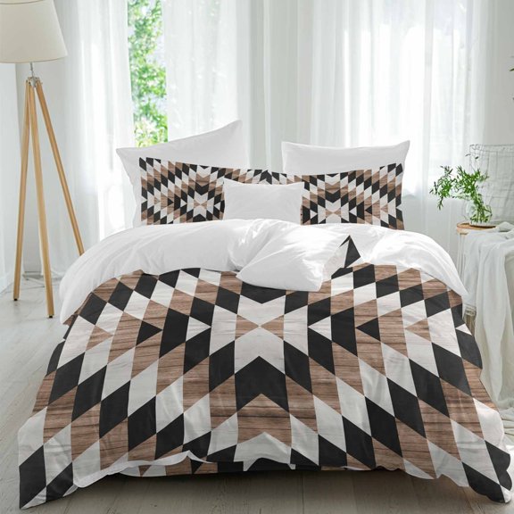 Queen 4 Piece Bedding Set Abstract Geometric Pattern Soft Breathable Duvet Cover and Pillowcase,Vintage Wood Grain Duvet Cover Set Washable Bed Sheets for Bedroom Dormitory Guest Room