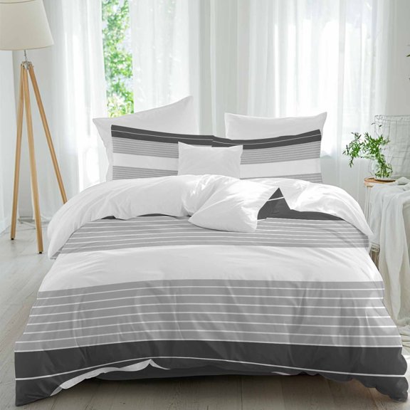 Queen 4 Piece Bedding Set Abstract Gradient Lines Soft Breathable Duvet Cover and Pillowcase,Modern Black Grey Stripes Duvet Cover Set Washable Bed Sheets for Bedroom Dormitory Guest Room