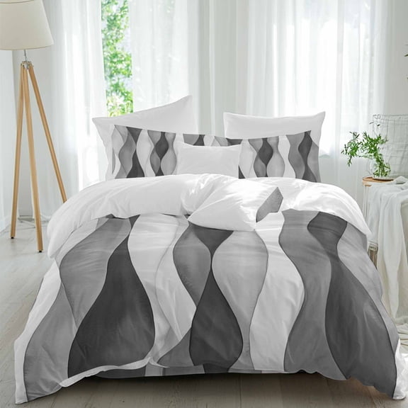 Queen 4 Piece Bedding Set Abstract Grey Black Gradient Stripes Soft Breathable Duvet Cover and Pillowcase,Modern Ripple Striped Duvet Cover Set Washable Bed Sheets for Bedroom Dormitory Guest Room