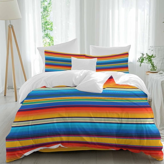 Queen 4 Piece Bedding Set Abstract Mexican Stripes Soft Breathable Duvet Cover and Pillowcase,Colorful Lines Duvet Cover Set Washable Bed Sheets for Bedroom Dormitory Guest Room