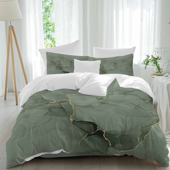 Queen 4 Piece Bedding Set Abstract Modern Sage Green Marble Soft Breathable Duvet Cover and Pillowcase,Natural Texture Gold Stripe Duvet Cover Set Washable Bed Sheets for Bedroom Dormitory Guest Room