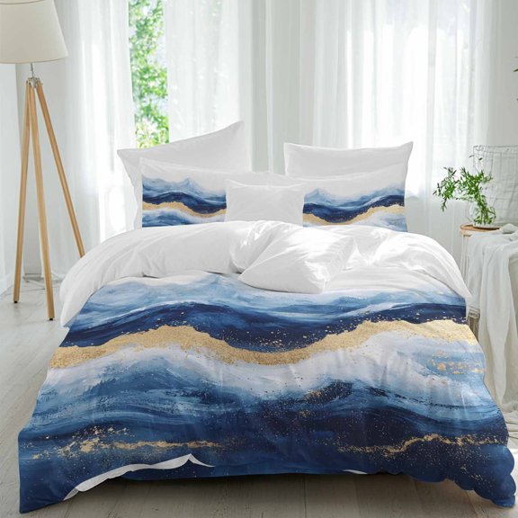 Queen 4 Piece Bedding Set Abstract Ocean Rough Sea Soft Breathable Duvet Cover and Pillowcase, Marine Big Wave Navy Blue Gold Duvet Cover Set Bed Sheets for Bedroom Dormitory Guest Room