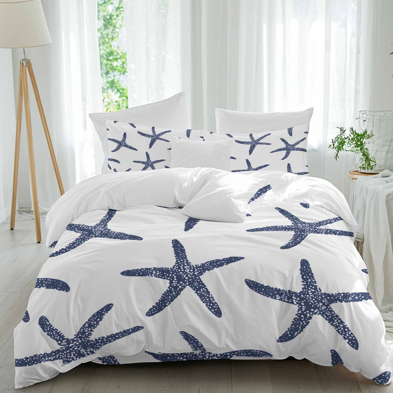Queen 4 Piece Bedding Set Abstract Ocean Starfish Soft Breathable Duvet Cover and Pillowcase, Coastal Navy Blue Marine Life Duvet Cover Set Bed Sheets for Bedroom Dormitory Guest Room