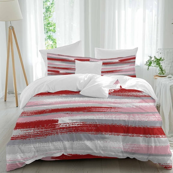 Queen 4 Piece Bedding Set Abstract Red Gray Stripes Soft Breathable Duvet Cover and Pillowcase,Gradient Geometric Seamless Duvet Cover Set Washable Bed Sheets for Bedroom Dormitory Guest Room
