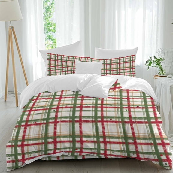 Queen 4 Piece Bedding Set Abstract Red Green Line Soft Breathable Duvet Cover and Pillowcase,Watercolor Geometric Plaid Duvet Cover Set Washable Bed Sheets for Bedroom Dormitory Guest Room