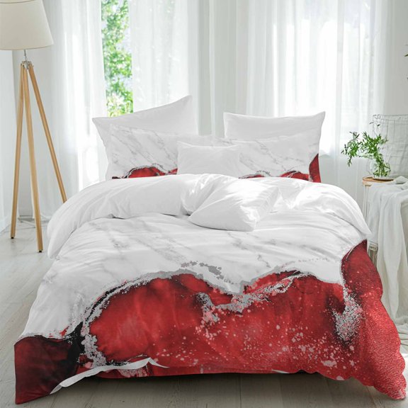Queen 4 Piece Bedding Set Abstract Red White Marble Texture Soft Breathable Duvet Cover and Pillowcase,Vintage Waves Line Duvet Cover Set Washable Bed Sheets for Bedroom Dormitory Guest Room