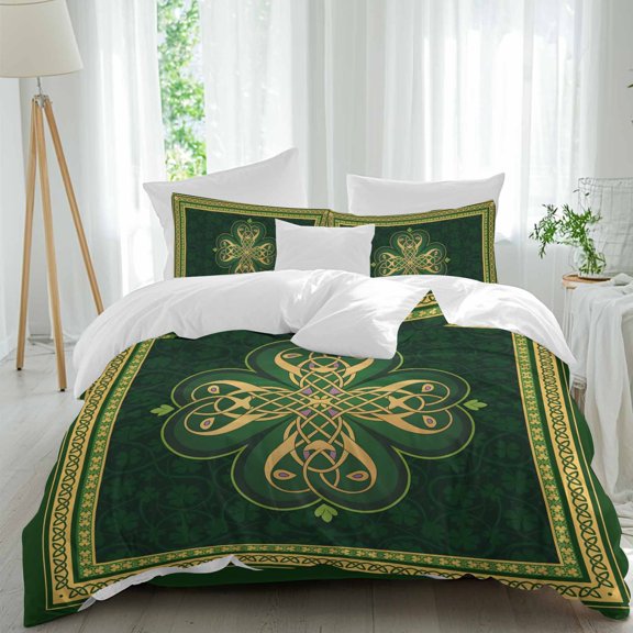 Queen 4 Piece Bedding Set Abstract Shamrock Celtic Knot Soft Breathable Duvet Cover and Pillowcase, St. Patrick's Day Green Theme Duvet Cover Set Bed Sheets for Bedroom Dormitory Guest Room