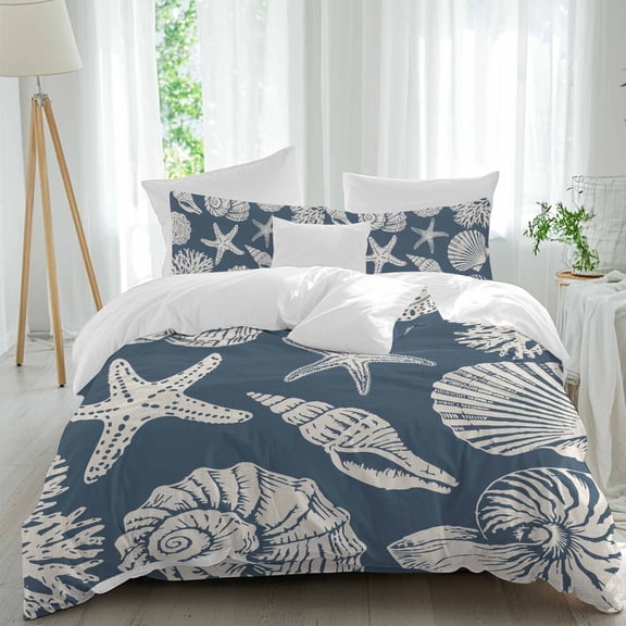 Queen 4 Piece Bedding Set Abstract Starfish Conch Shell Soft Breathable Duvet Cover and Pillowcase, Farmhouse Dark Blue Duvet Cover Set Bed Sheets for Bedroom Dormitory Guest Room