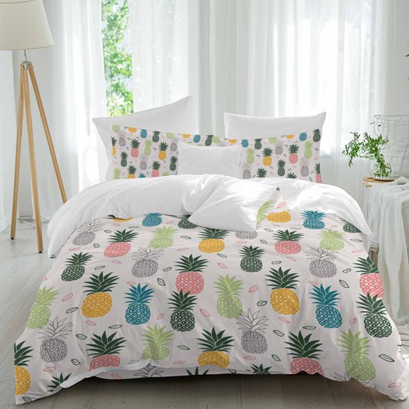 Queen 4 Piece Bedding Set Abstract Summer Pineapple Soft Breathable Duvet Cover and Pillowcase,Pink Blue Farm Fruit Duvet Cover Set Washable Bed Sheets for Bedroom Dormitory Guest Room