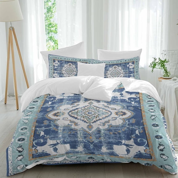 Queen 4 Piece Bedding Set Abstract Traditional Oriental Floral Soft Breathable Duvet Cover and Pillowcase,Teal Blue Duvet Cover Set Washable Bed Sheets for Bedroom Dormitory Guest Room
