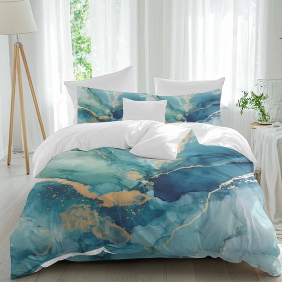 Queen 4 Piece Bedding Set Abstracts Turquoise Marble Stripe Soft Breathable Duvet Cover and Pillowcase,Farm Stone Texture Duvet Cover Set Washable Bed Sheets for Bedroom Dormitory Guest Room