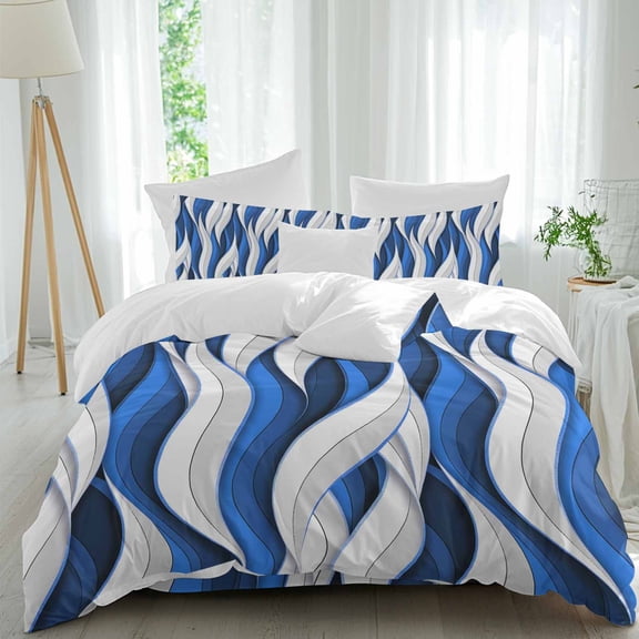 Queen 4 Piece Bedding Set Abstracts Twists Lines Soft Breathable Duvet Cover and Pillowcase,Blue White Gradients Striped Duvet Cover Set Washable Bed Sheets for Bedroom Dormitory Guest Room