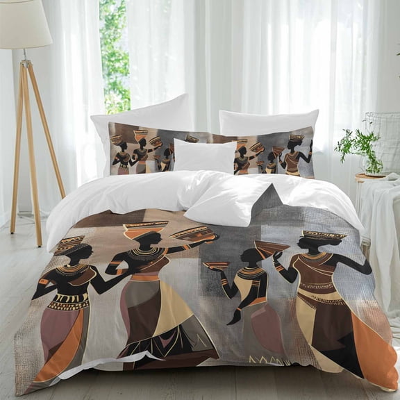 Queen 4 Piece Bedding Set African Ethnic Black Women Dancing Soft Breathable Duvet Cover and Pillowcase, Abstract Africa Tribal Duvet Cover Set Bed Sheets for Bedroom Dormitory Guest Room