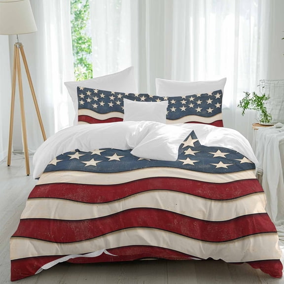 Queen 4 Piece Bedding Set American Flag Patriotic Soft Breathable Duvet Cover and Pillowcase,Vintage Stars and Stripes Duvet Cover Set Washable Bed Sheets for Bedroom Dormitory Guest Room