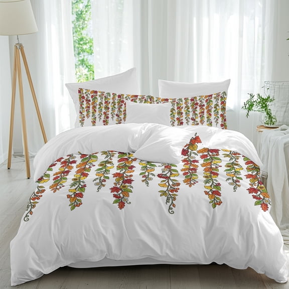 Queen 4 Piece Bedding Set Autumn Fallen Leaves Flower Watercolor Soft Breathable Duvet Cover with Pillow Shams, Floral Vine on White Duvet Cover Set Bed Sheets for Bedroom Dormitory Guest Room