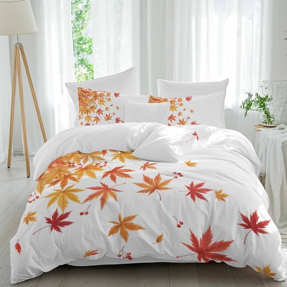 Queen 4 Piece Bedding Set Autumn Fallen Maple Leaves Berry Soft Breathable Duvet Cover with Pillow Shams, Thanksgiving Leaf Plant Duvet Cover Set Bed Sheets for Bedroom Dormitory Guest Room