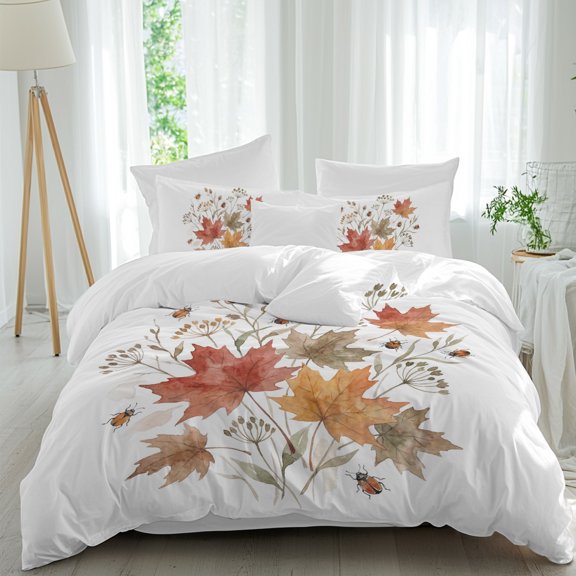 Queen 4 Piece Bedding Set Autumn Maple Leaves Soft Breathable Duvet Cover with Pillow Shams, Rustic Animal Ladybugs Duvet Cover Set Bed Sheets for Bedroom Dormitory Guest Room
