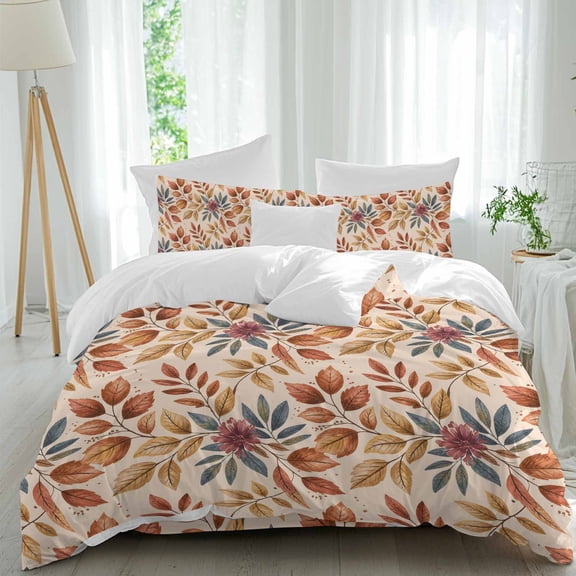 Queen 4 Piece Bedding Set Autumn Maple Leaves Watercolor Soft Breathable Duvet Cover and Pillowcase, Fallen Leaf Vintage Style Duvet Cover Set Bed Sheets for Bedroom Dormitory Guest Room