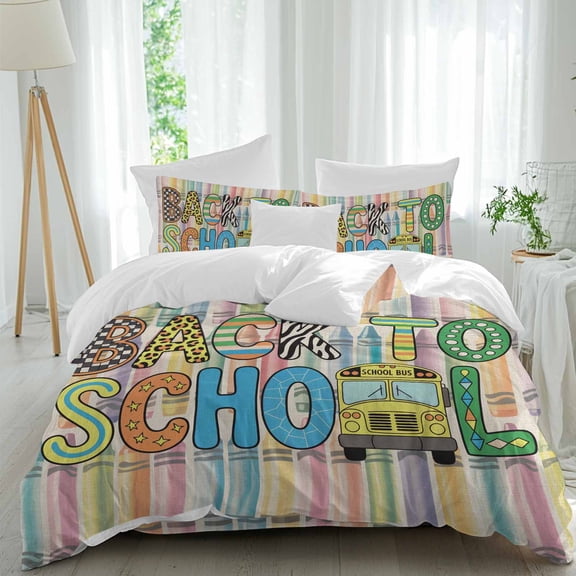 Queen 4 Piece Bedding Set Back to School Bus Crayon Soft Breathable Duvet Cover and Pillowcase, Leopard Plaid Stripe Texture Linen Duvet Cover Set Bed Sheets for Bedroom Dormitory Guest Room