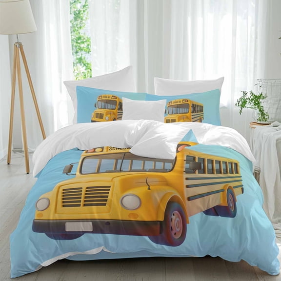 Queen 4 Piece Bedding Set Back-to-school Season Soft Breathable Duvet Cover and Pillowcase, Yellow School Bus Duvet Cover Set Bed Sheets for Bedroom Dormitory Guest Room