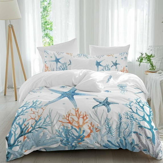 Queen 4 Piece Bedding Set Blue Coral Starfish Jellyfish on White Soft Breathable Duvet Cover and Pillowcase,Ocean Marine Life Duvet Cover Set Washable Bed Sheets for Bedroom Dormitory Guest Room
