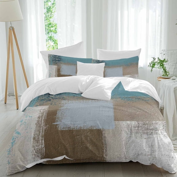 Queen 4 Piece Bedding Set Blue Gradient Color Block Soft Breathable Duvet Cover and Pillowcase,Retro Oil Painting Style Duvet Cover Set Washable Bed Sheets for Bedroom Dormitory Guest Room