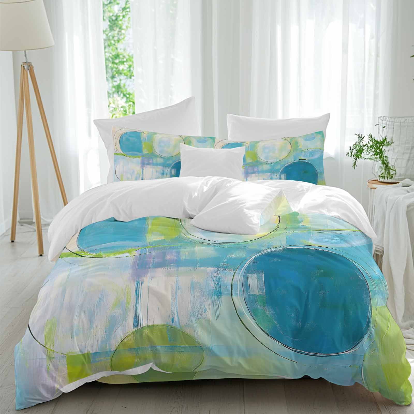 Queen 4 Piece Bedding Set Blue Gradient Color Block Soft Breathable Duvet Cover and Pillowcase, Watercolor Painting Graffiti Art Duvet Cover Set Bed Sheets for Bedroom Dormitory Guest Room