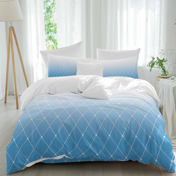 Queen 4 Piece Bedding Set Blue Gradient Diamond Geometric Soft Breathable Duvet Cover and Pillowcase,White Line Duvet Cover Set Washable Bed Sheets for Bedroom Dormitory Guest Room