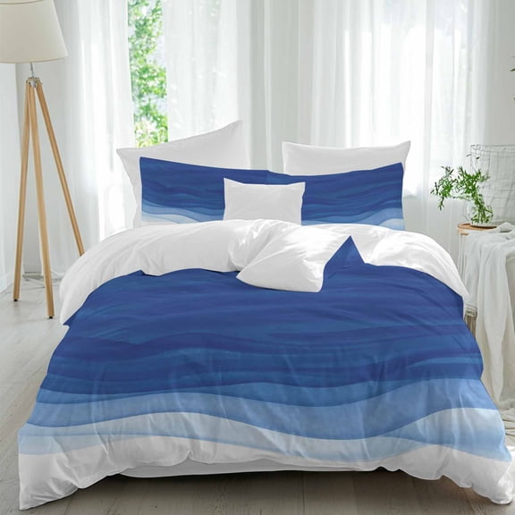 Queen 4 Piece Bedding Set Blue Gradient Ripple Shadow Soft Breathable Duvet Cover and Pillowcase,Ombre Abstract Geometric Duvet Cover Set Washable Bed Sheets for Bedroom Dormitory Guest Room