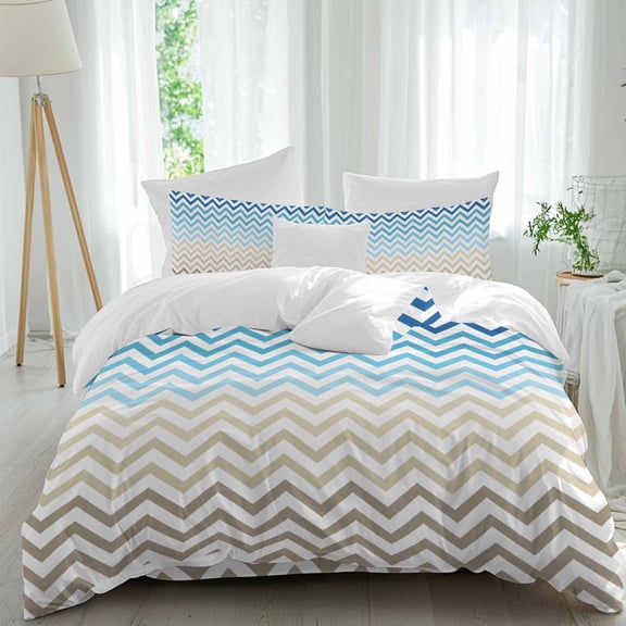 Queen 4 Piece Bedding Set Blue Gradient Ripple Zigzag Chevron Soft Breathable Duvet Cover and Pillowcase,Abstract Geometric Duvet Cover Set Washable Bed Sheets for Bedroom Dormitory Guest Room