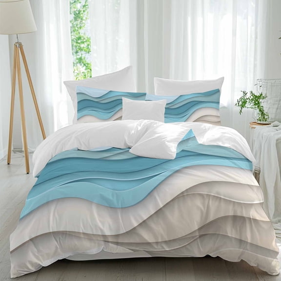 Queen 4 Piece Bedding Set Blue Gradient Stripes Abstract Geometric Soft Breathable Duvet Cover and Pillowcase,Ocean Water Ripple Duvet Cover Set Washable Bed Sheets for Bedroom Dormitory Guest Room