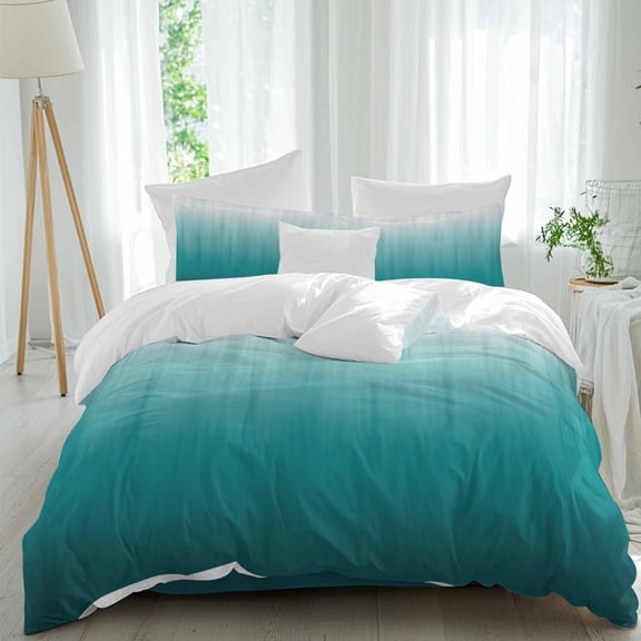 Queen 4 Piece Bedding Set Blue Green Gradual Soft Breathable Duvet Cover and Pillowcase, Minimalist Monochrome Art Duvet Cover Set Bed Sheets for Bedroom Dormitory Guest Room