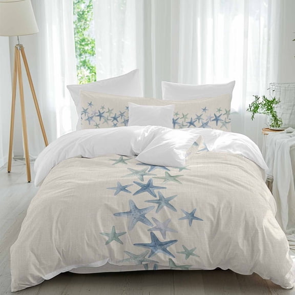 Queen 4 Piece Bedding Set Blue Green Sea Starfish Soft Breathable Duvet Cover and Pillowcase, Marine Life on Retro Linen Duvet Cover Set Bed Sheets for Bedroom Dormitory Guest Room