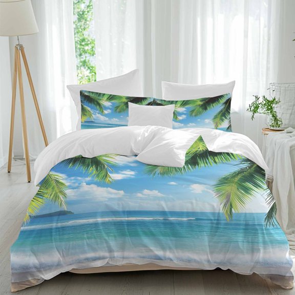 Queen 4 Piece Bedding Set Blue Ocean Beach Sea Water Soft Breathable Duvet Cover and Pillowcase, Summer Tropical Leaves Duvet Cover Set Bed Sheets for Bedroom Dormitory Guest Room
