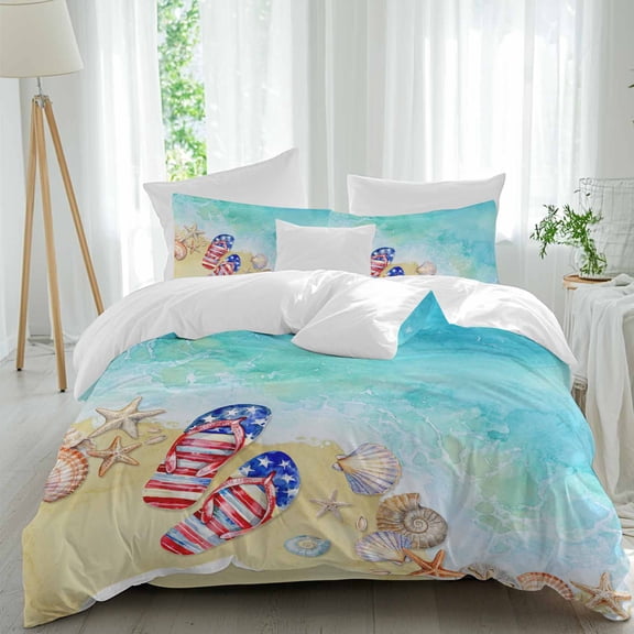 Queen 4 Piece Bedding Set Blue Ocean Coastal Slippers USA Flag Soft Breathable Duvet Cover and Pillowcase,Ocean Starfish Shell Duvet Cover Set Washable Bed Sheets for Bedroom Dormitory Guest Room