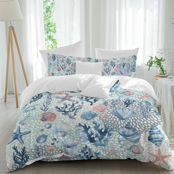 Queen 4 Piece Bedding Set Blue Ocean Starfish Coral Shell Conch Soft Breathable Duvet Cover and Pillowcase,Marine Life Duvet Cover Set Washable Bed Sheets for Bedroom Dormitory Guest Room