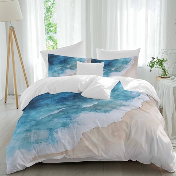 Queen 4 Piece Bedding Set Blue Waves Summer Beach Soft Breathable Duvet Cover and Pillowcase,Gradient Water Ripples Duvet Cover Set Washable Bed Sheets for Bedroom Dormitory Guest Room