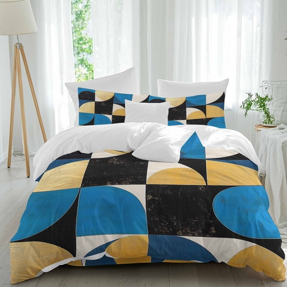 Queen 4 Piece Bedding Set Blue Yellow Color Block Soft Breathable Duvet Cover and Pillowcase,Abstract Geometric Collage Art Duvet Cover Set Washable Bed Sheets for Bedroom Dormitory Guest Room