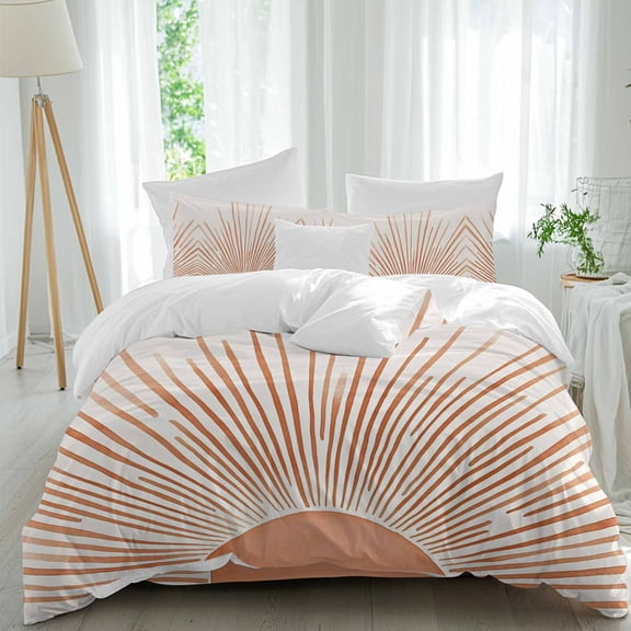 Queen 4 Piece Bedding Set Bohemian Orange Sun Light Soft Breathable Duvet Cover and Pillowcase,Abstract Minimalism Art Duvet Cover Set Washable Bed Sheets for Bedroom Dormitory Guest Room